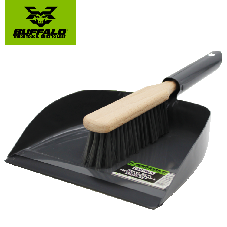 Buffalo Heavy Duty Metal Dustpan with Wooden Brush