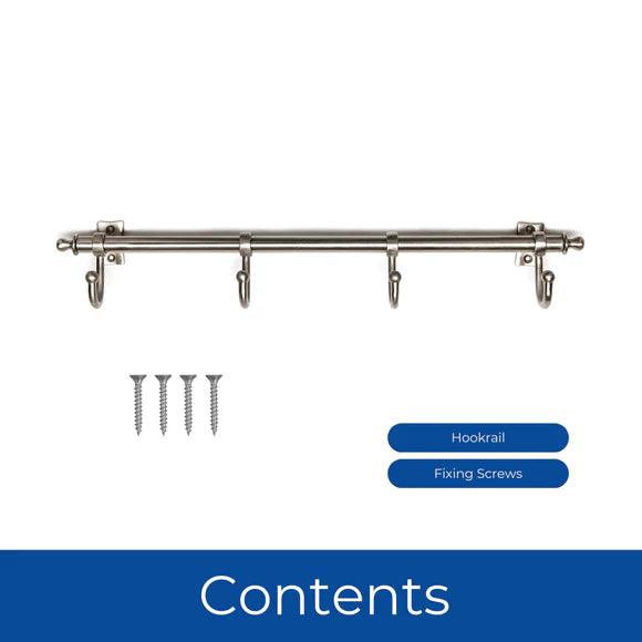 Satin Nickel Kitchen Rail with 4 Hooks – Wall-Mounted Utensil & Mug Hanger