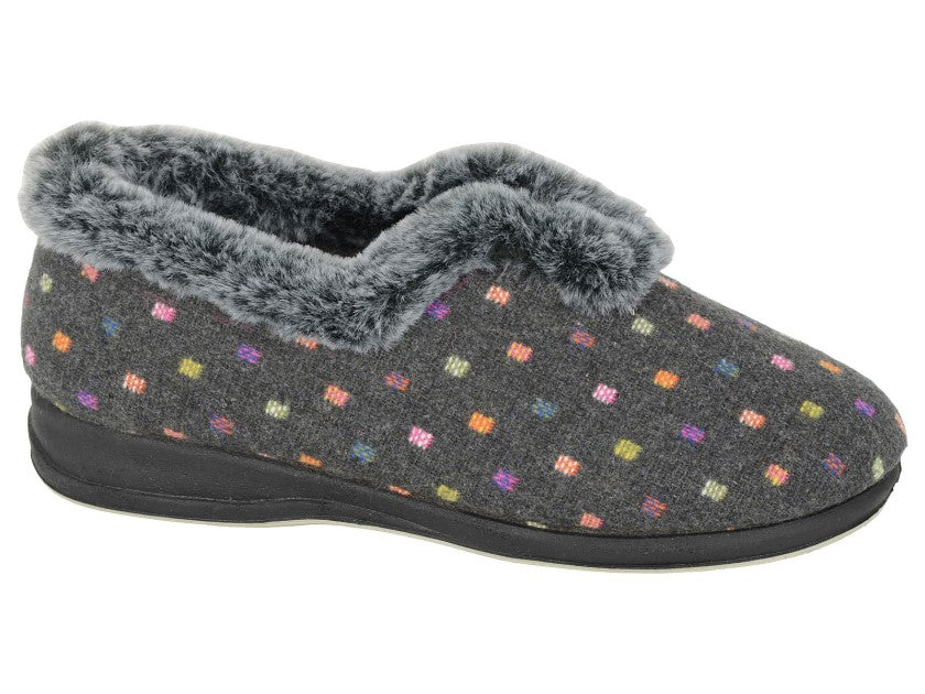 'Nancy' Grey & Multi Spot Textile V Throat Fleecy Cuff Slipper