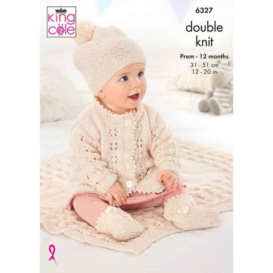 Matinee Coat, Cardigan, Hats, Bootees and Blanket knitted in Glitz DK
