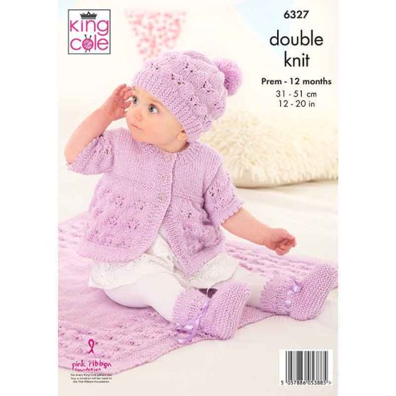 Matinee Coat, Cardigan, Hats, Bootees and Blanket knitted in Glitz DK