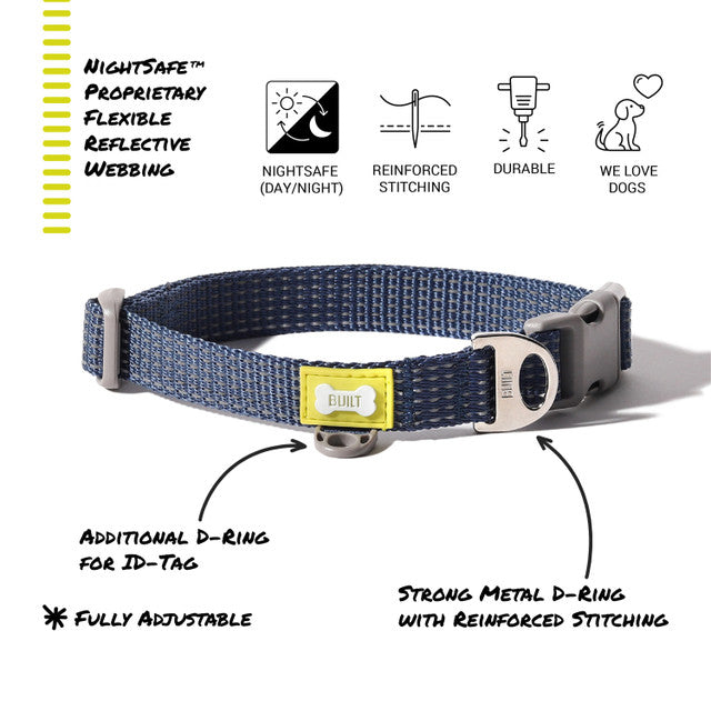 BUILT PET NightSafe™️ Reflective Collar, Small, Blue