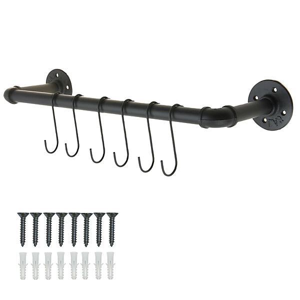 Industrial Style Pipe Hanger inc 6 Black S Hooks
