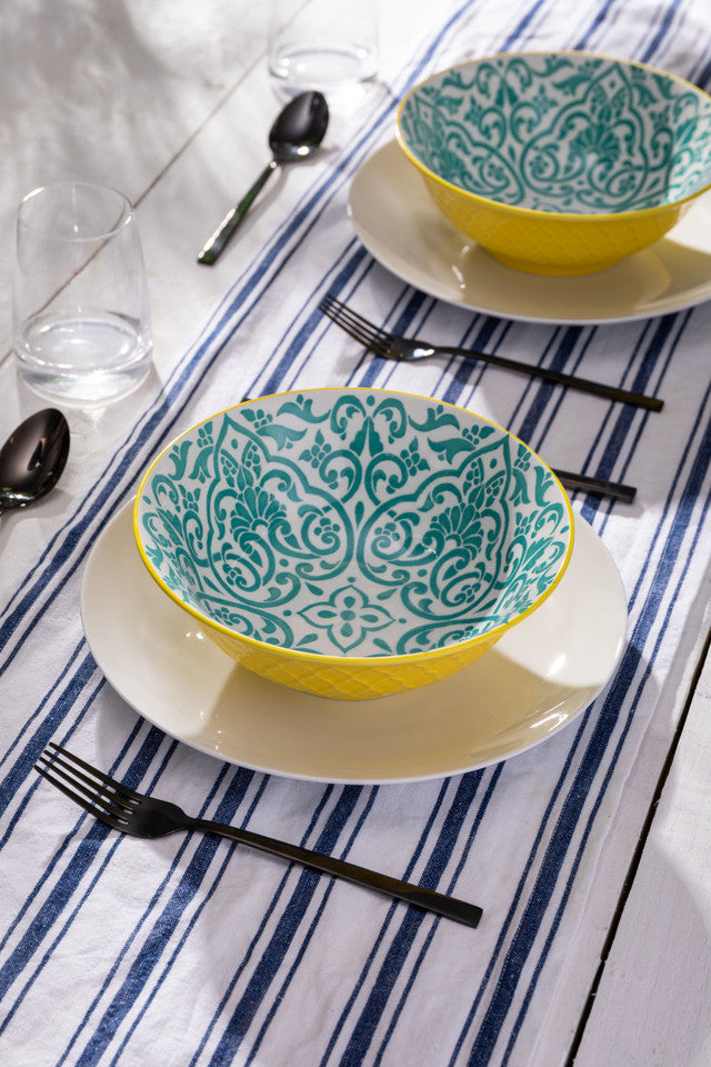 Mikasa Yellow and Blue Geometric Stoneware Ramen Bowl, 21cm