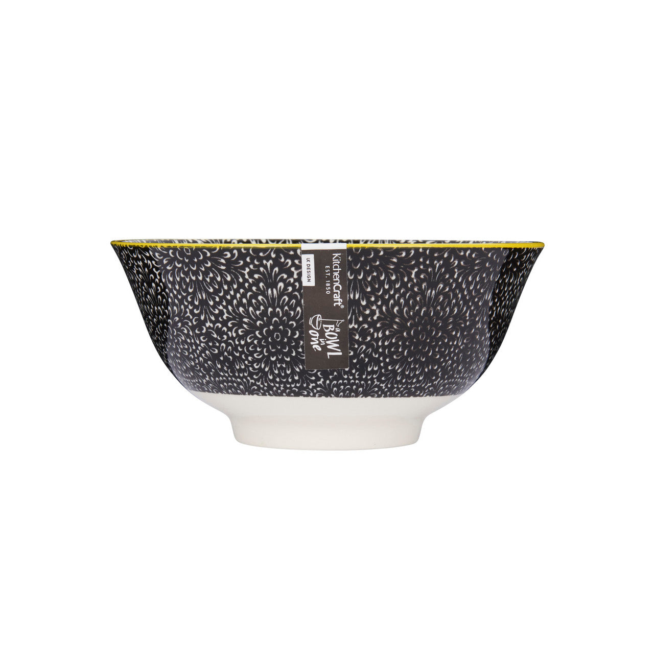 KitchenCraft Black and White Floral Ceramic Bowl, 16cm