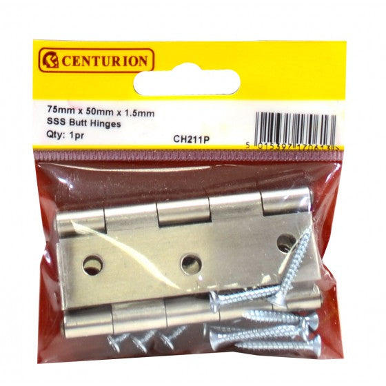 75mm (3") x 50mm (2") x 1.5mm SS Butt Hinges (1 pair)