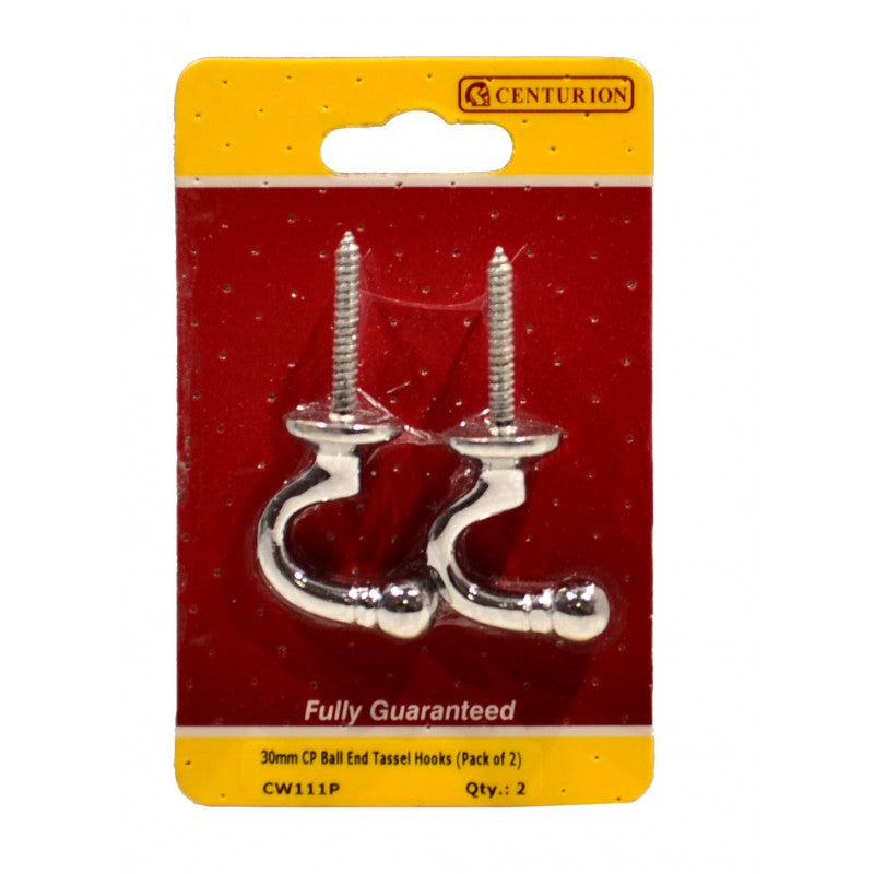 Solid Brass Ball End Tassel Hooks, 30mm, Chrome Plated