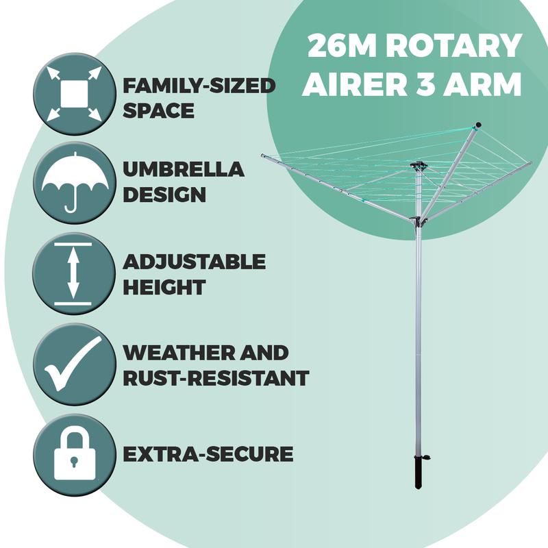 26m Rotary Airer 3 Arm Steel Powder Coated