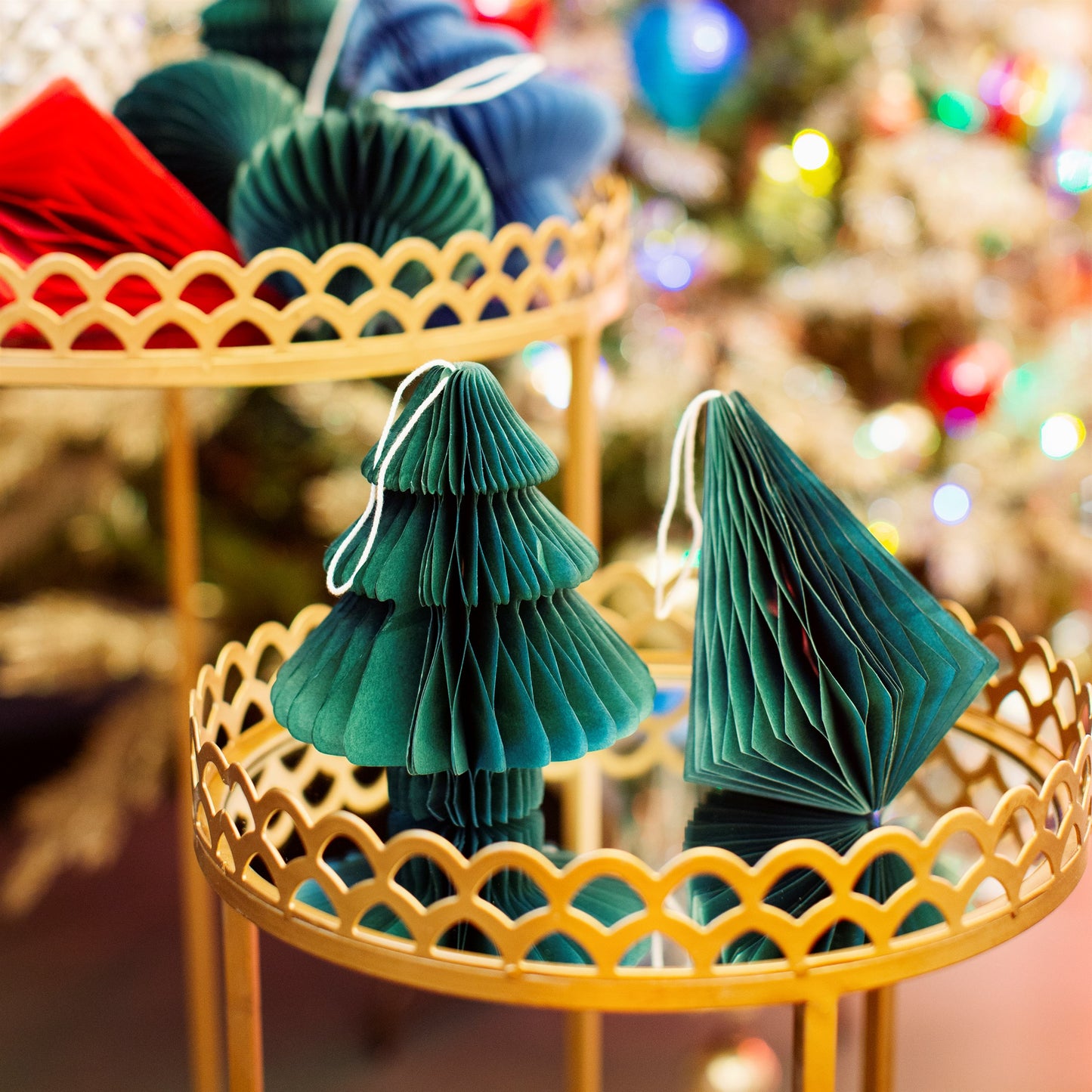 Forest Green Tree & Diamond Paper Honeycomb Hanging Decorations