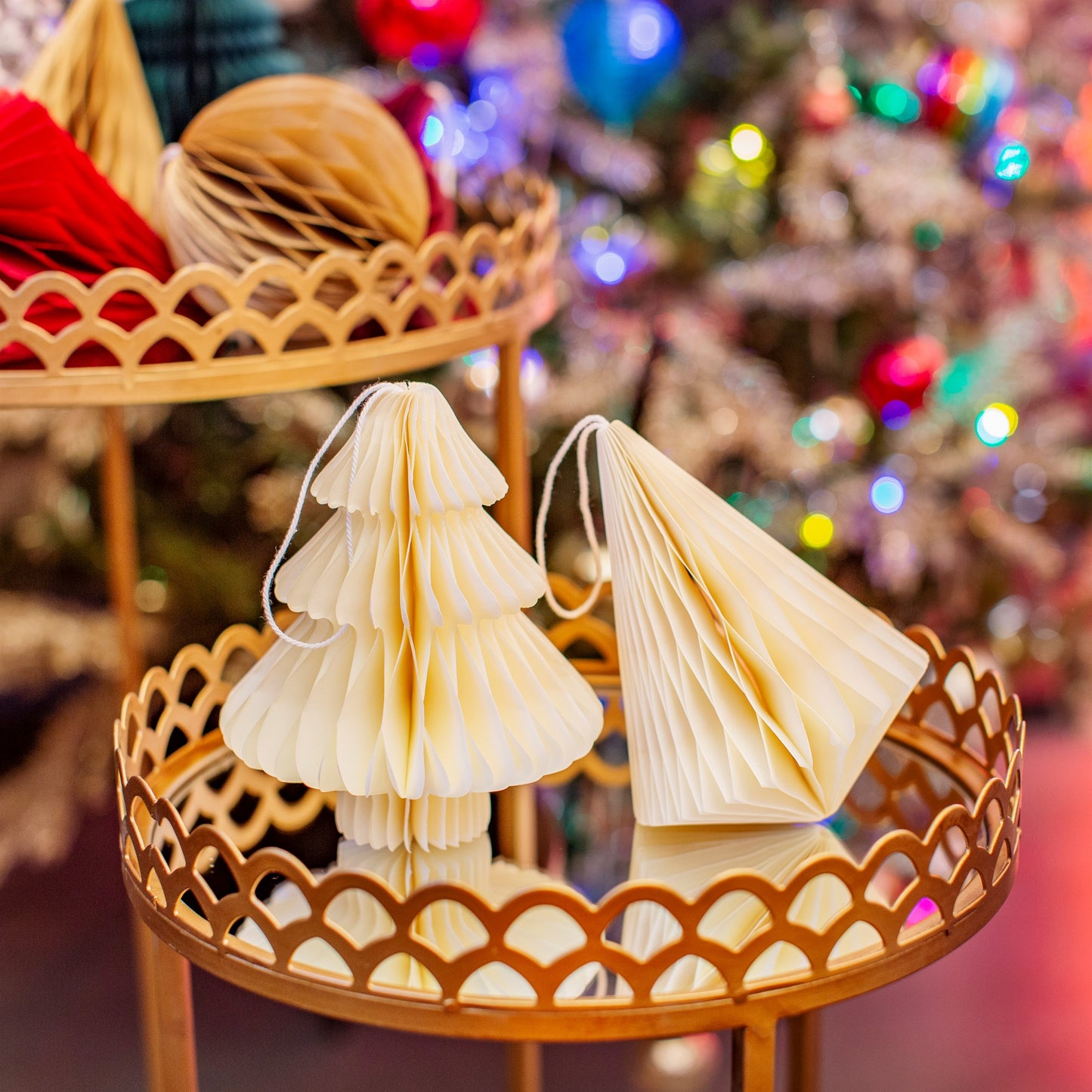 Off White Tree & Diamond Paper Honeycomb Hanging Decorations