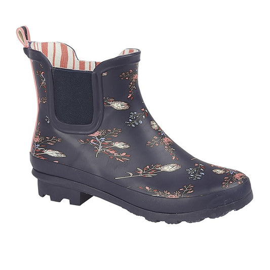 Navy/Floral Print Rubber Ladies Gusset Ankle Wellington