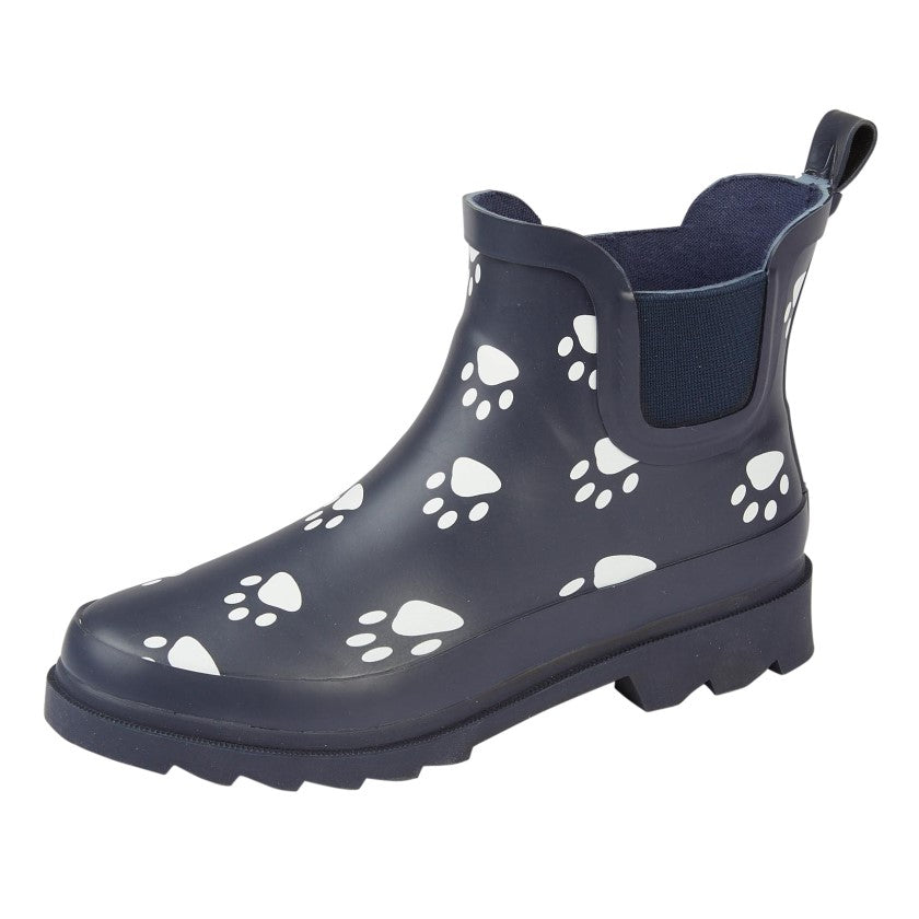 Navy Blue/Paw Print Rubber Ladies Gusset Ankle Wellington