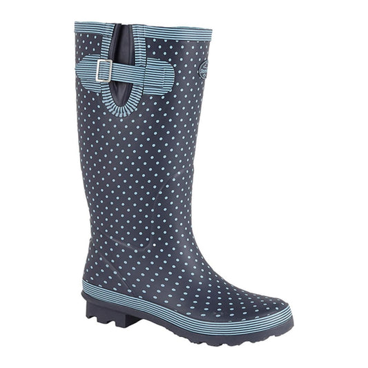 Pale Blue Polka Dot/Navy Rubber Wellington Boots