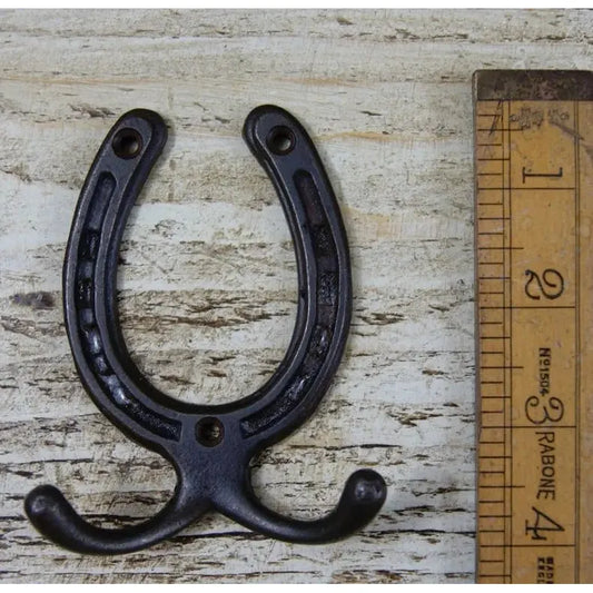 Horseshoe Coat Hook Double Robe Style Antique Iron 100mm x 75mm