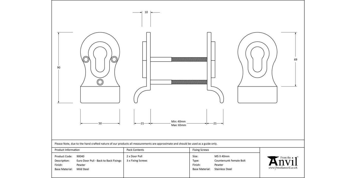 Pewter 50mm Euro Door Pull (Back to Back fixings)