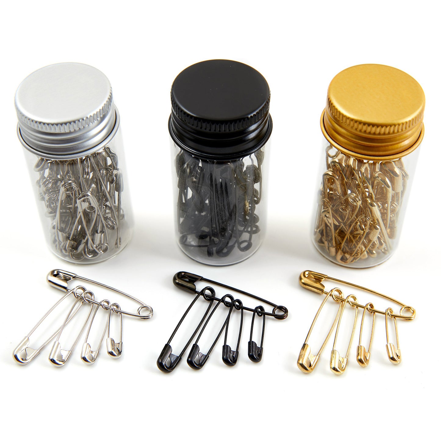 Carbon Steel Safety Pins in Glass Jars: Gold, Silver or Black: 18 Pieces