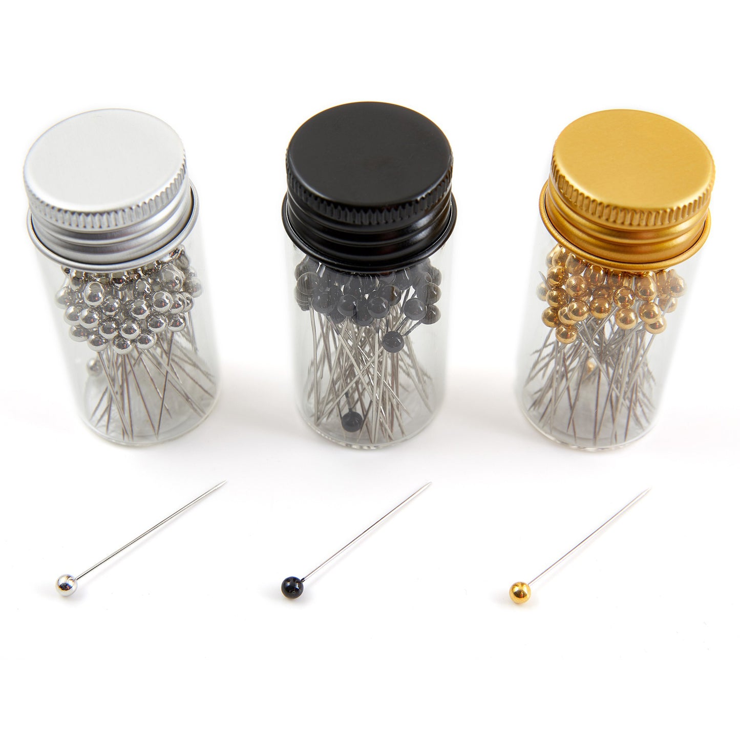Plastic Head Pins in Glass Jars: Gold, Silver or Black: 18 Pieces