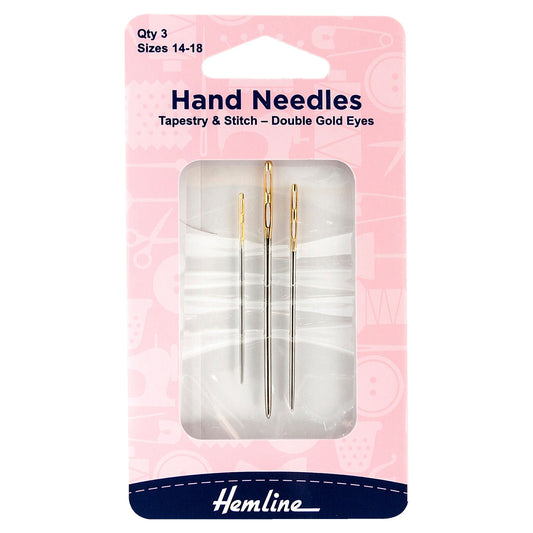 Hand Sewing Needles: Tapestry & Stitch: Double Gold Eye: Size 14-18: Pack of 3