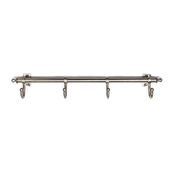 Satin Nickel Kitchen Rail with 4 Hooks – Wall-Mounted Utensil & Mug Hanger