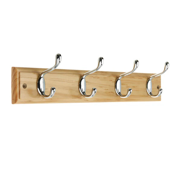 Pine Finish Wall Mounted Coat Rack with Basic Chrome Double Hooks - 4 Hooks
