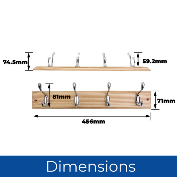 Pine Finish Wall Mounted Coat Rack with Basic Chrome Double Hooks - 4 Hooks