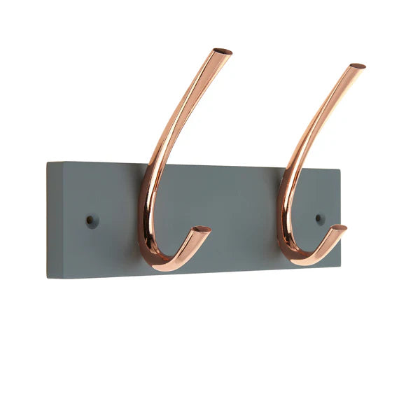 2 Copper Ribbed Double Hooks-Coat Rack on 225mm Grey Board Wall Mounted