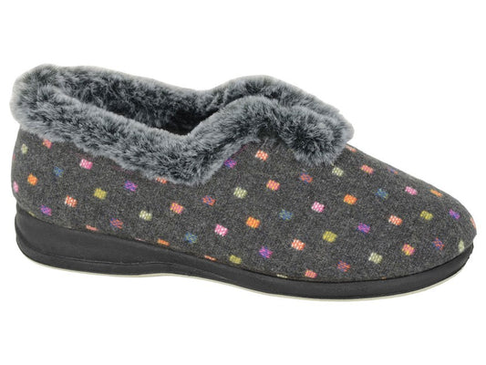 'Nancy' Grey & Multi Spot Textile V Throat Fleecy Cuff Slipper