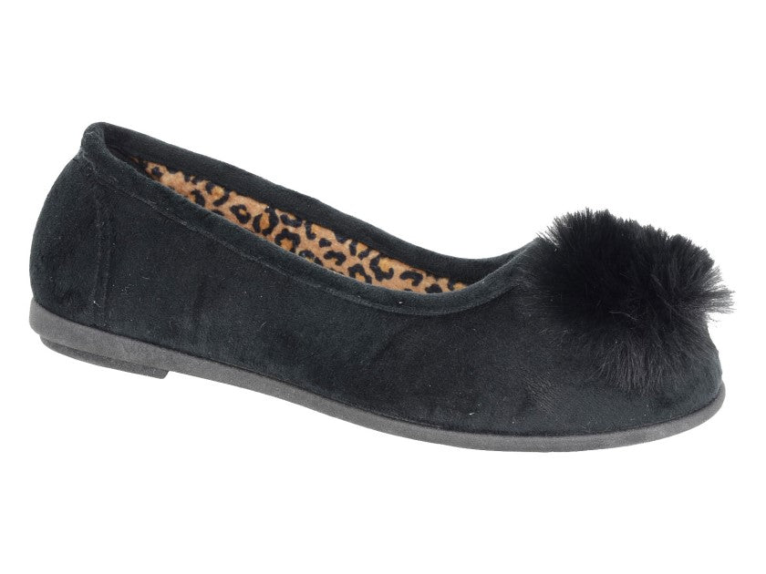 'Julie' Black & Velour Pom-Pom Slipper