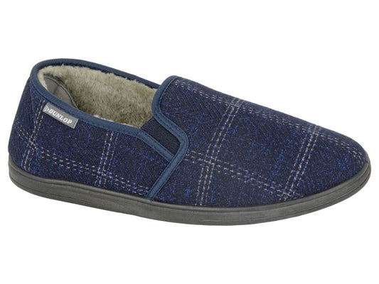 'Owen' Dunlop Navy Check & Textile Twin Gusset Slipper