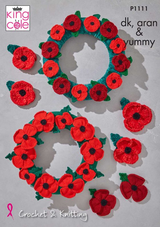 Poppies knitted and crocheted in DK, Aran and Yummy