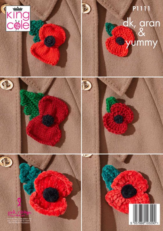 Poppies knitted and crocheted in DK, Aran and Yummy