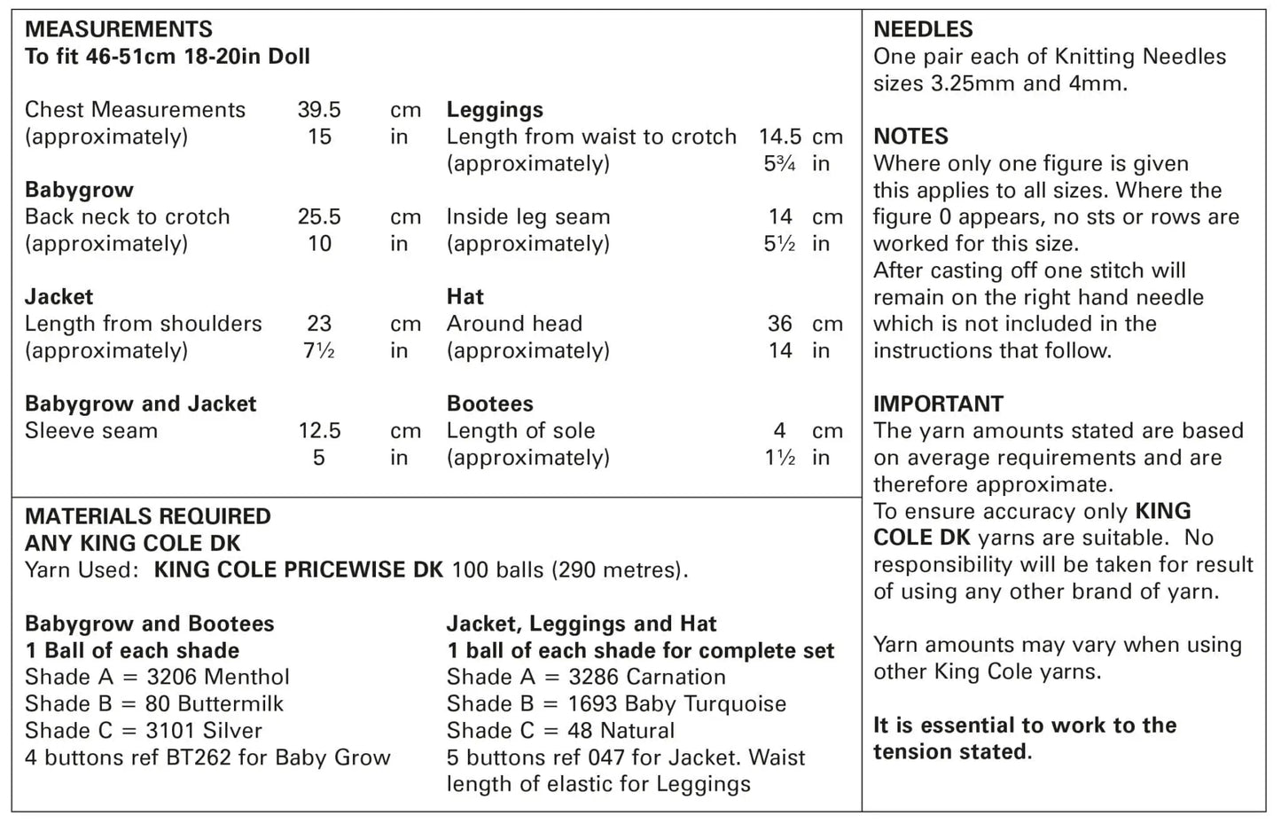 Dolls Clothes: Babygrow, Bootees, Jacket, Leggings & Hat Knitted in Pricewise DK