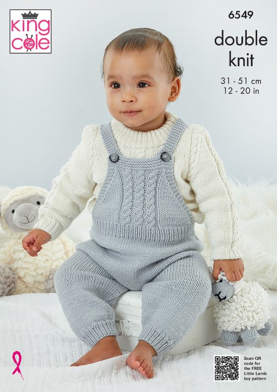 Dungarees, Pinafore, Sweater, Cardigan and Bootees knitted in Little Lamb DK