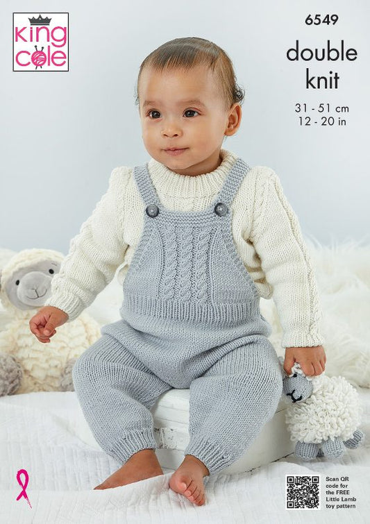 Dungarees, Pinafore, Sweater, Cardigan and Bootees knitted in Little Lamb DK