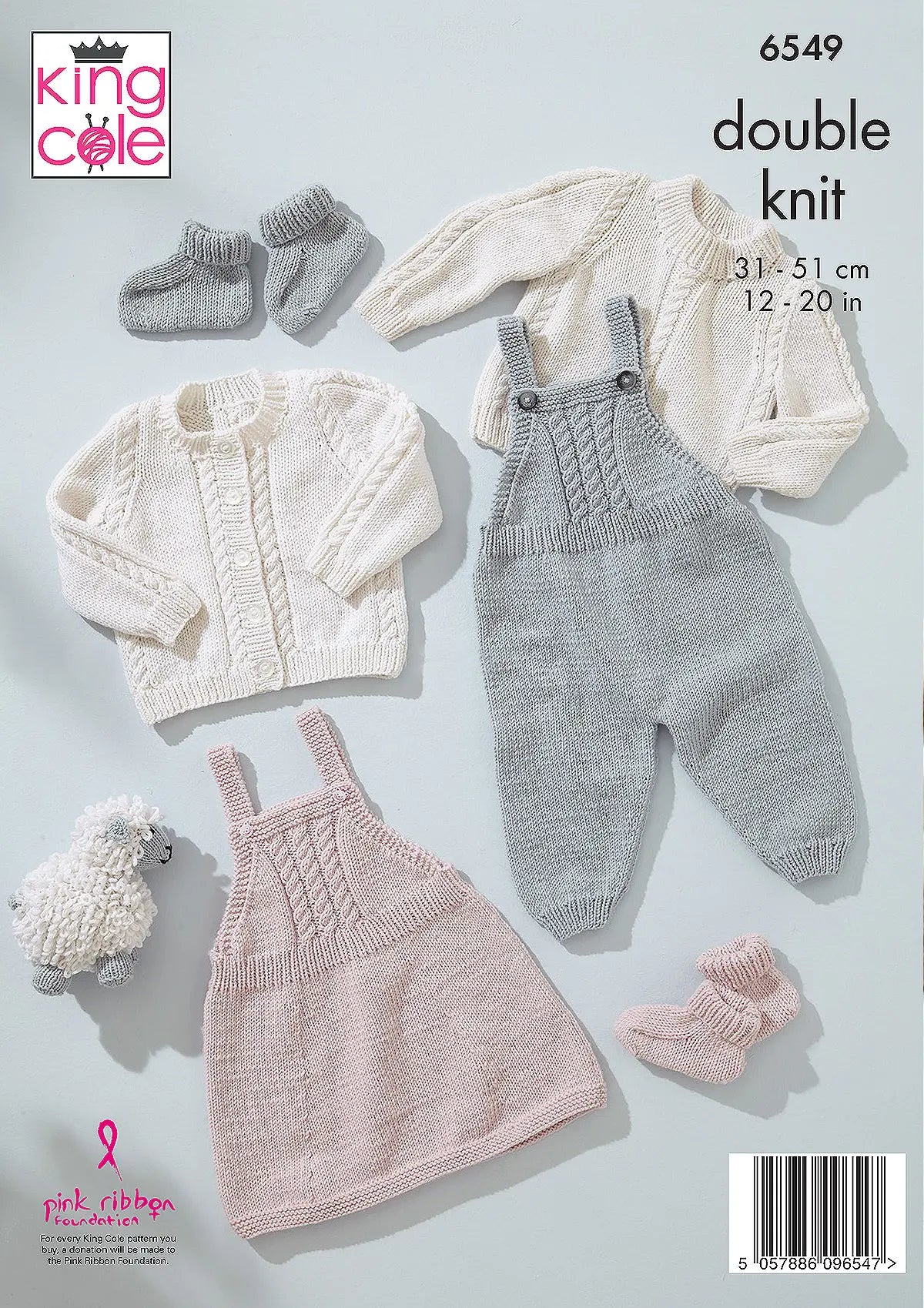 Dungarees, Pinafore, Sweater, Cardigan and Bootees knitted in Little Lamb DK
