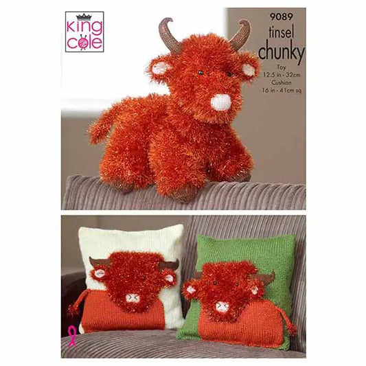 Tinsel Highland Cow & Cushion Covers Knitted in Tinsel Chunky, BV Chunky & Dollymix DK