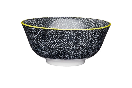KitchenCraft Black and White Floral Ceramic Bowl, 16cm