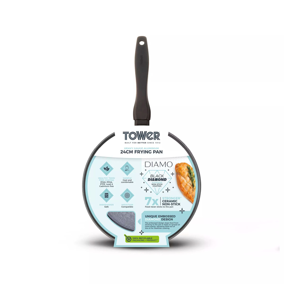 Tower Diamo 24cm Frying Pan With Black Diamond Ceramic Non-Stick Coating - Black