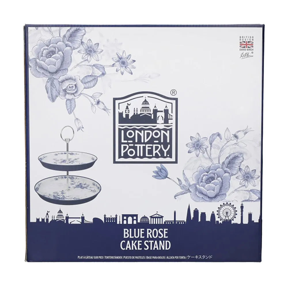 London Pottery Blue Rose Two-Tier Cake Stand, Ceramic, Almond Ivory / Blue