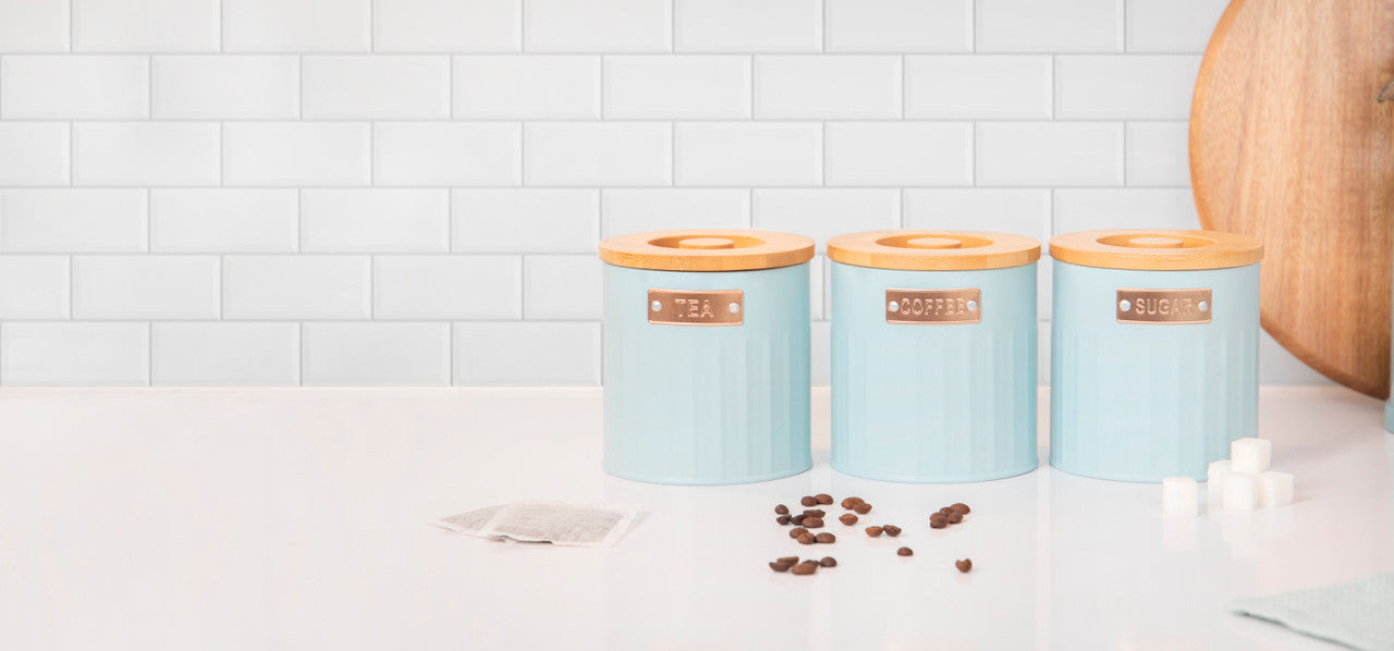 KitchenCraft Tea, Coffee and Sugar Canisters Set of 3, 1 L, Light Blue