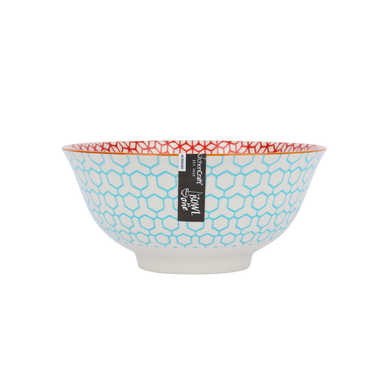 KitchenCraft Geometric Blue Ceramic Bowl, 16cm