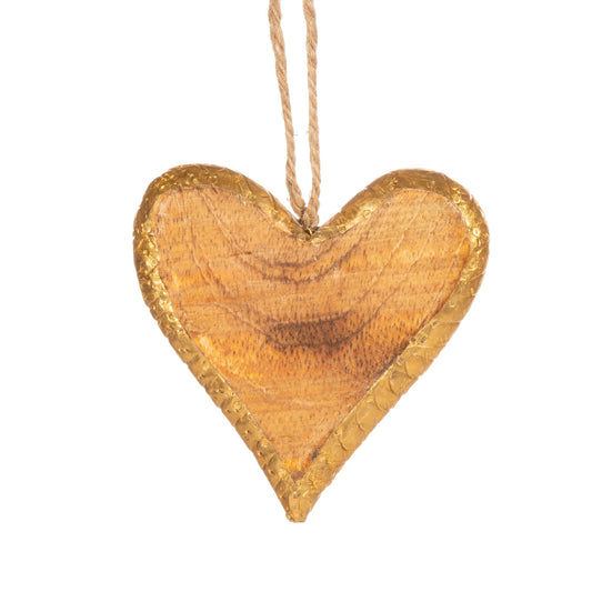 Natural Wood Hanging Heart Decoration-Gold Rim Small