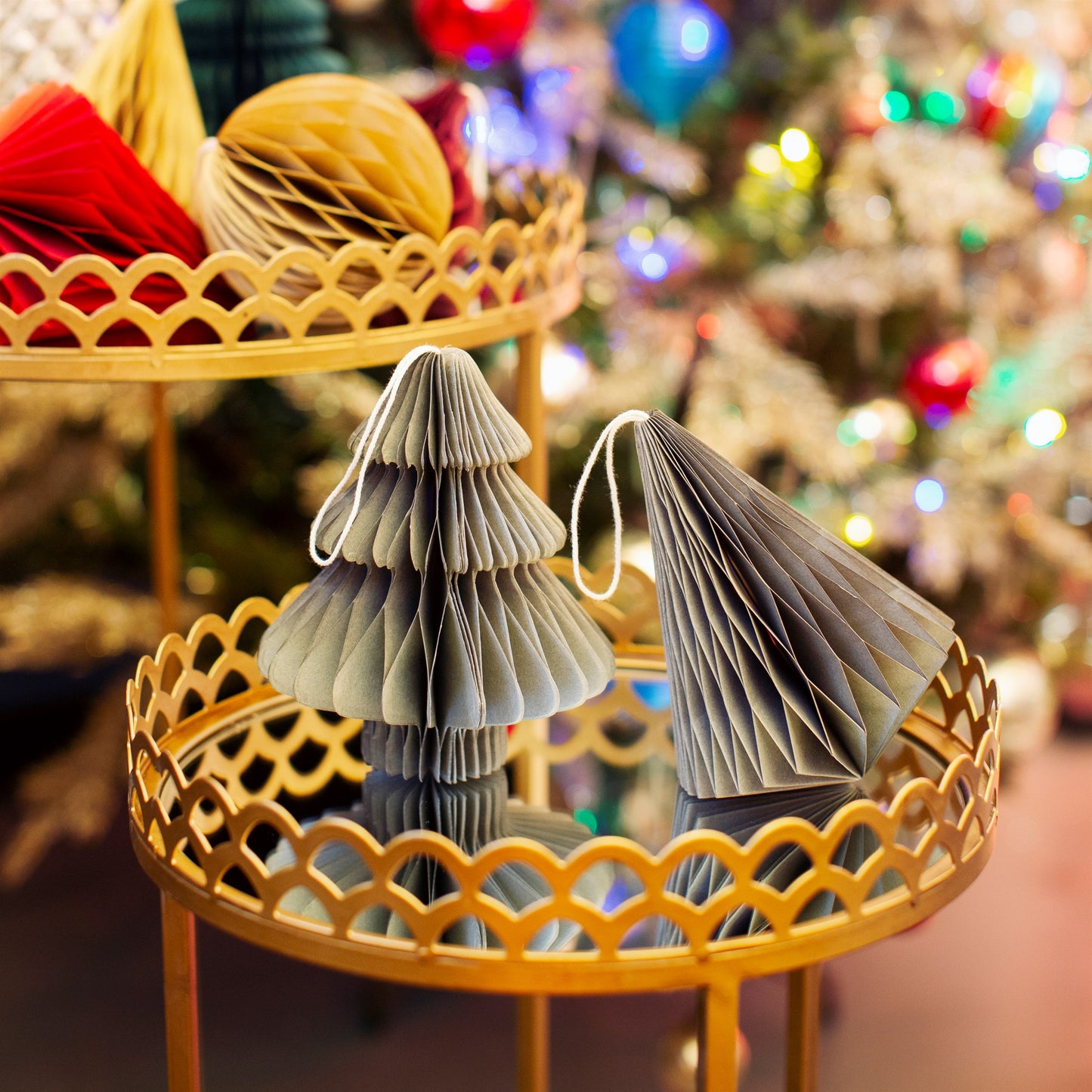 Grey Tree & Diamond Paper Honeycomb Hanging Decorations