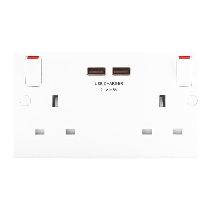 2 Gang Switched Socket + 2 USB Red/Grey