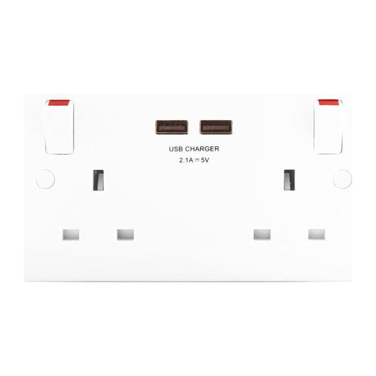 2 Gang Switched Socket + 2 USB Red/Grey