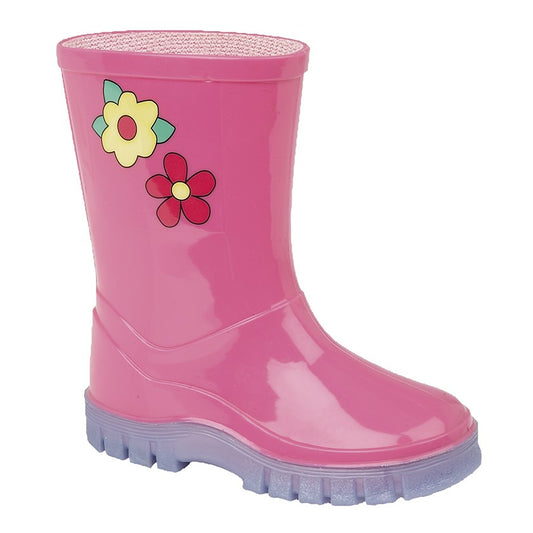 Pink Flower Kids Wellington Boots